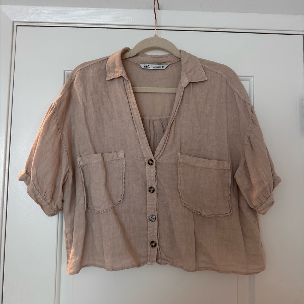 Zara - Linen Blend Short Sleeve Button Down Top